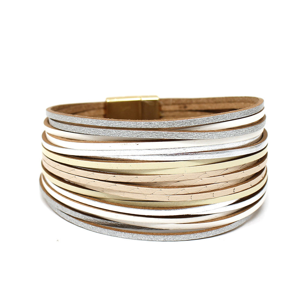 silver multi layer leather bracelet