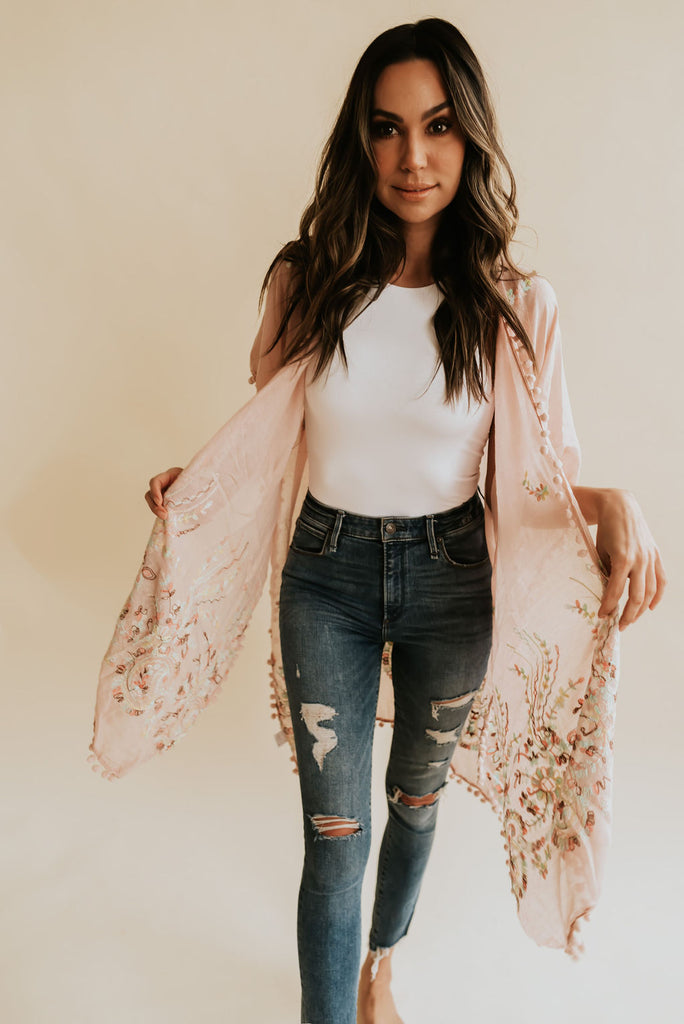 floral long embroidered pink kimono 