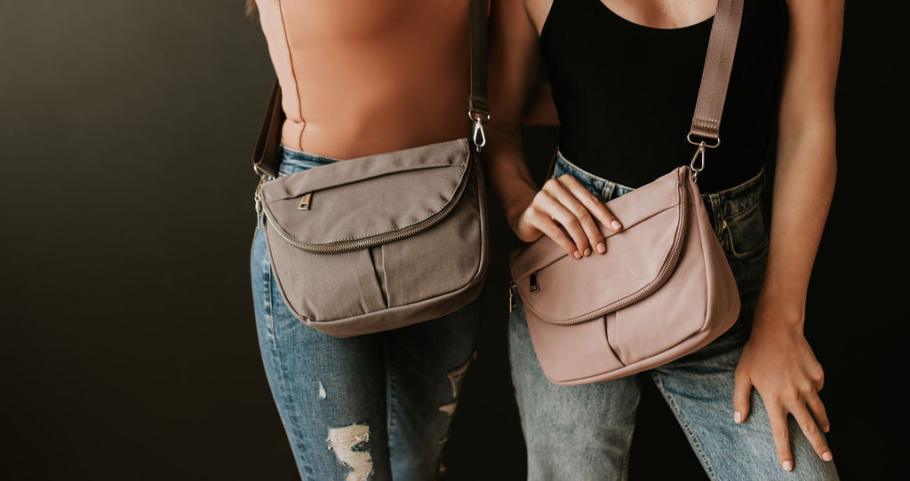 womens nylon crossbody handbag gray and pink