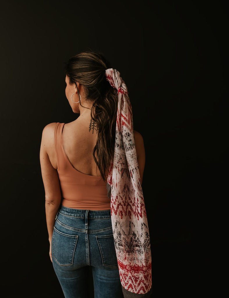 woman wearing Ikat Print Scarf 